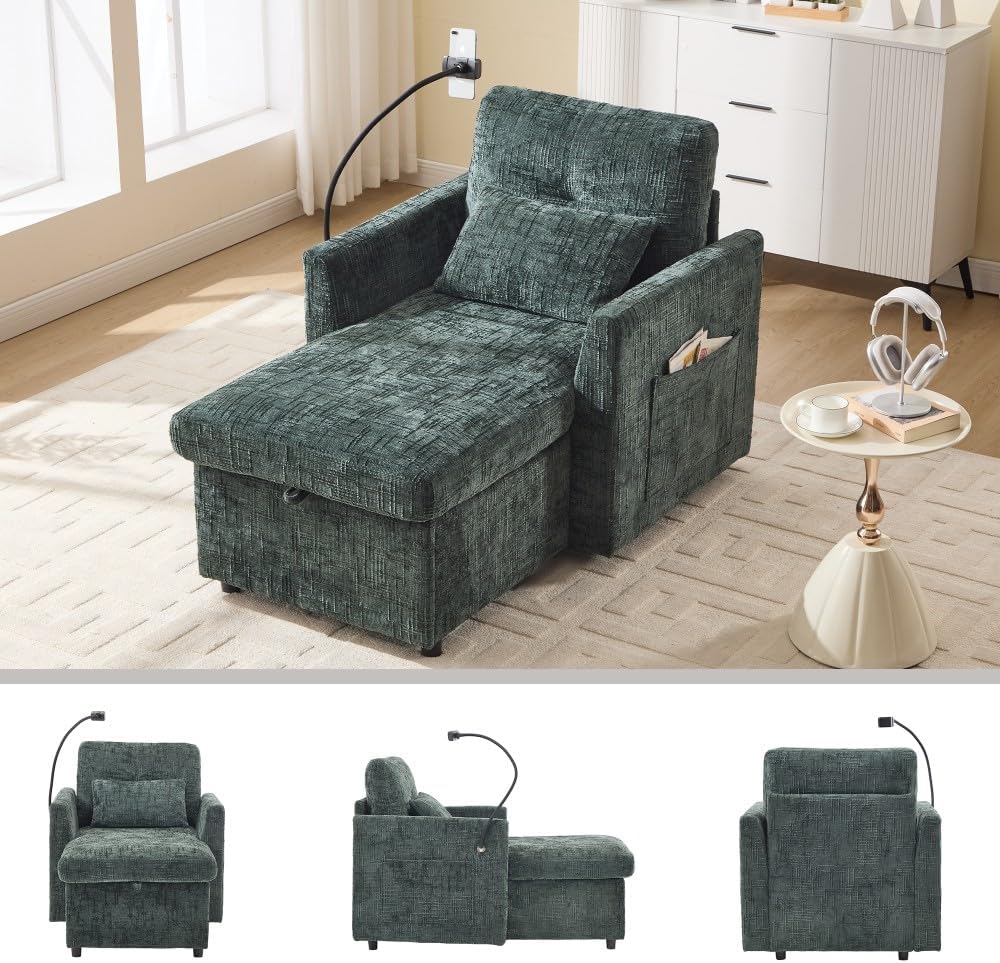 ya 28 10.13 baidi Emerald Chenille Multifunctional Lazy Sofa Recliner - Storable Backrest