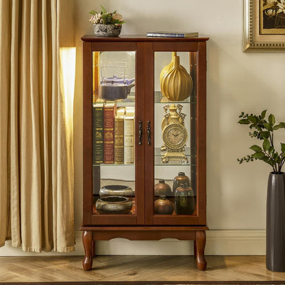 ya 28 10.13 baidi Lighted Curio Cabinet Adjustable Shelves Mirrored Back Tempered Glass Doors
