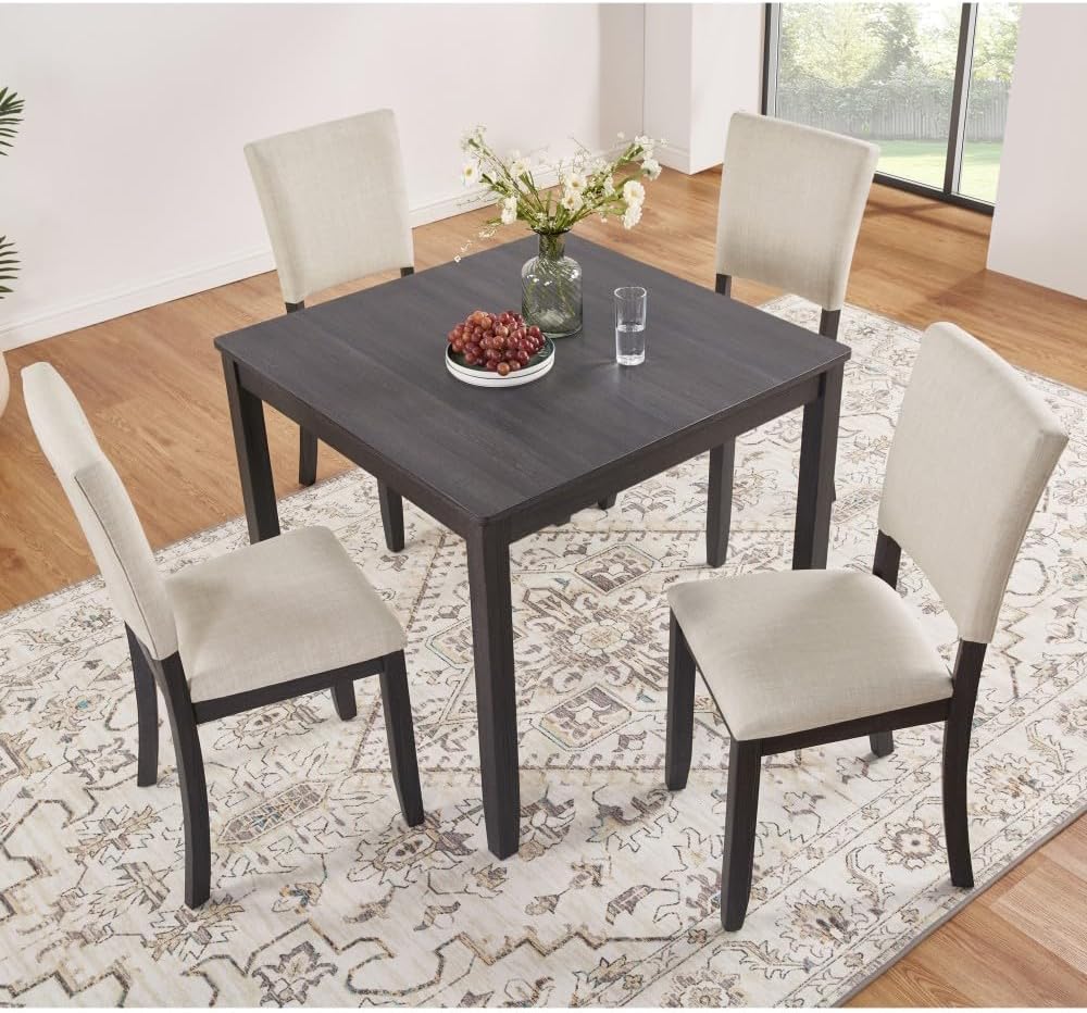 ya 28 10.13 baidi Modern Dining Table Set Wooden-5-Piece, 4 Chairs,Antique Black+Beige for Ki