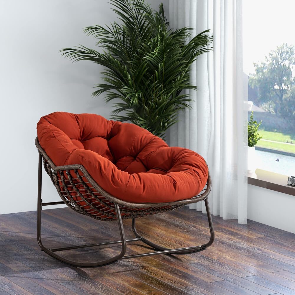 ya 28 10.13 baidi Rattan Rocking Recliner Padded Cushion, Orange - Patio
