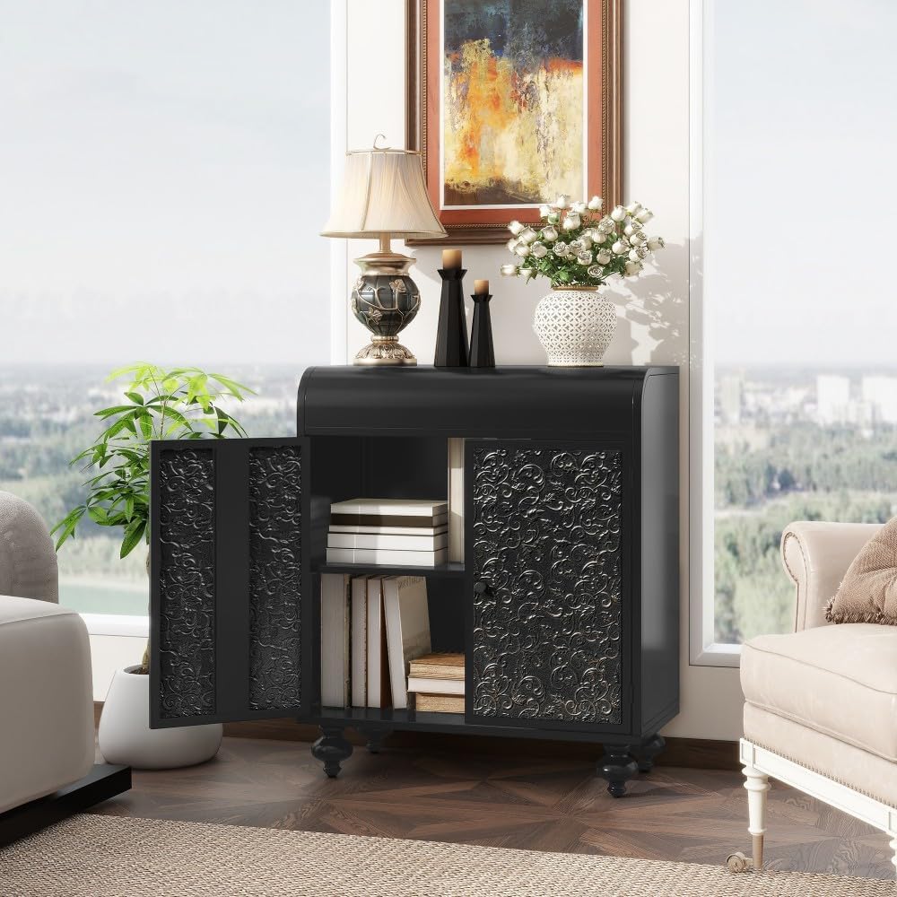 ya 28 10.13 baidi Art Accent Cabinet Black,Embossed Pattern, Sideboard Buffet Storage for Ent