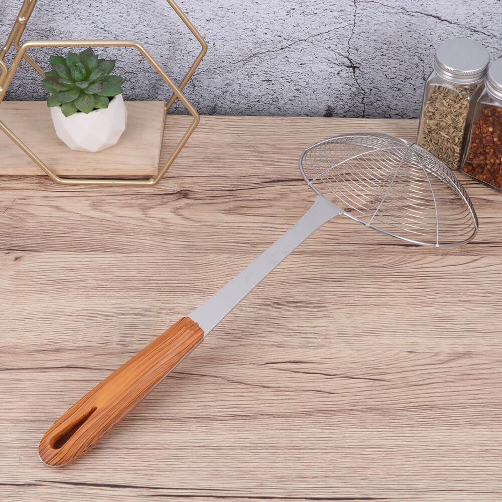 ya 14 9.20 baidi Wood Grain Handle Wire Leak Noodles Strainer Basket Metal Pasta Spoon-2