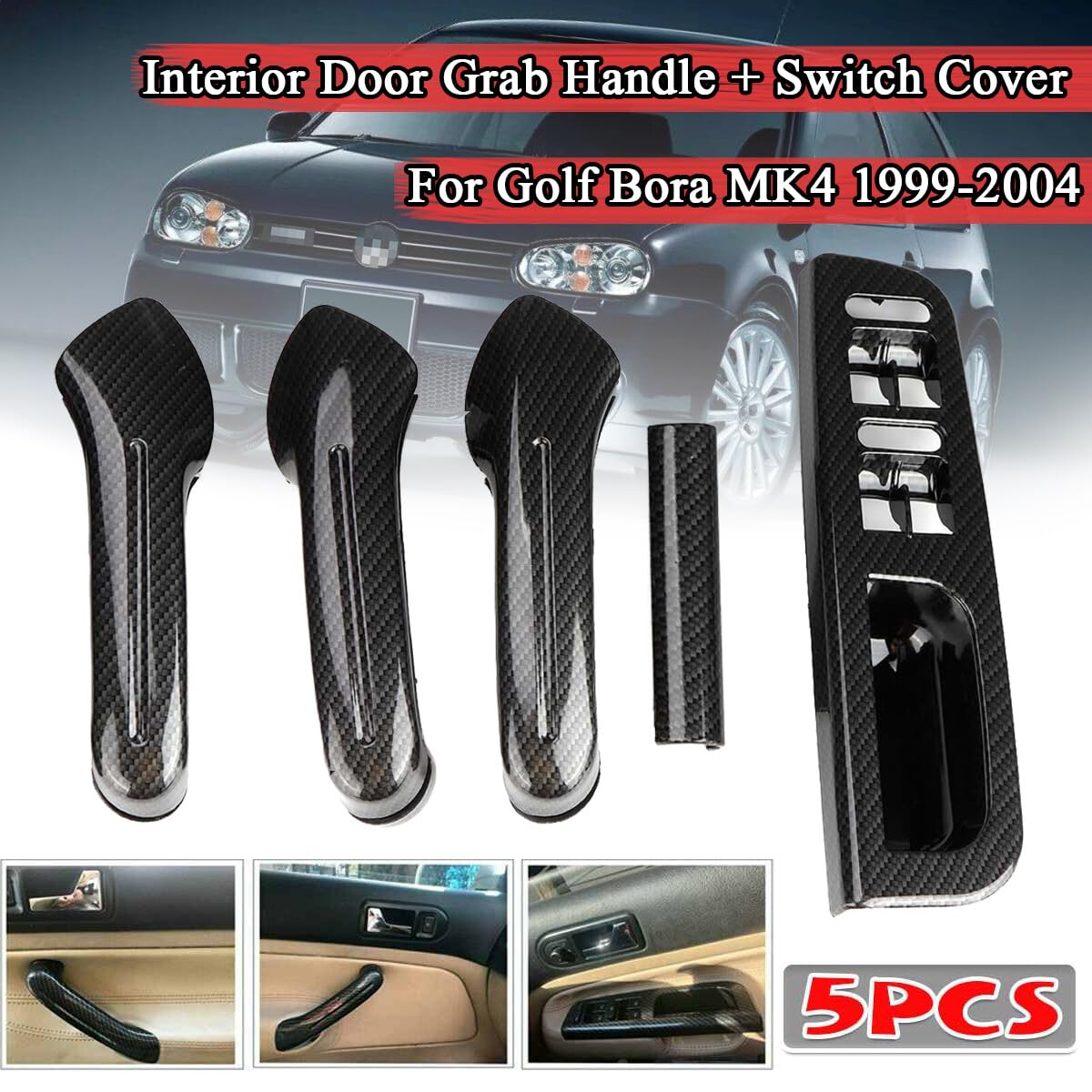 ya 4 8.14 5Pcs RHD Carbon Door Grab Handle Cover Switch Panel for VW for Golf for Jetta MK4