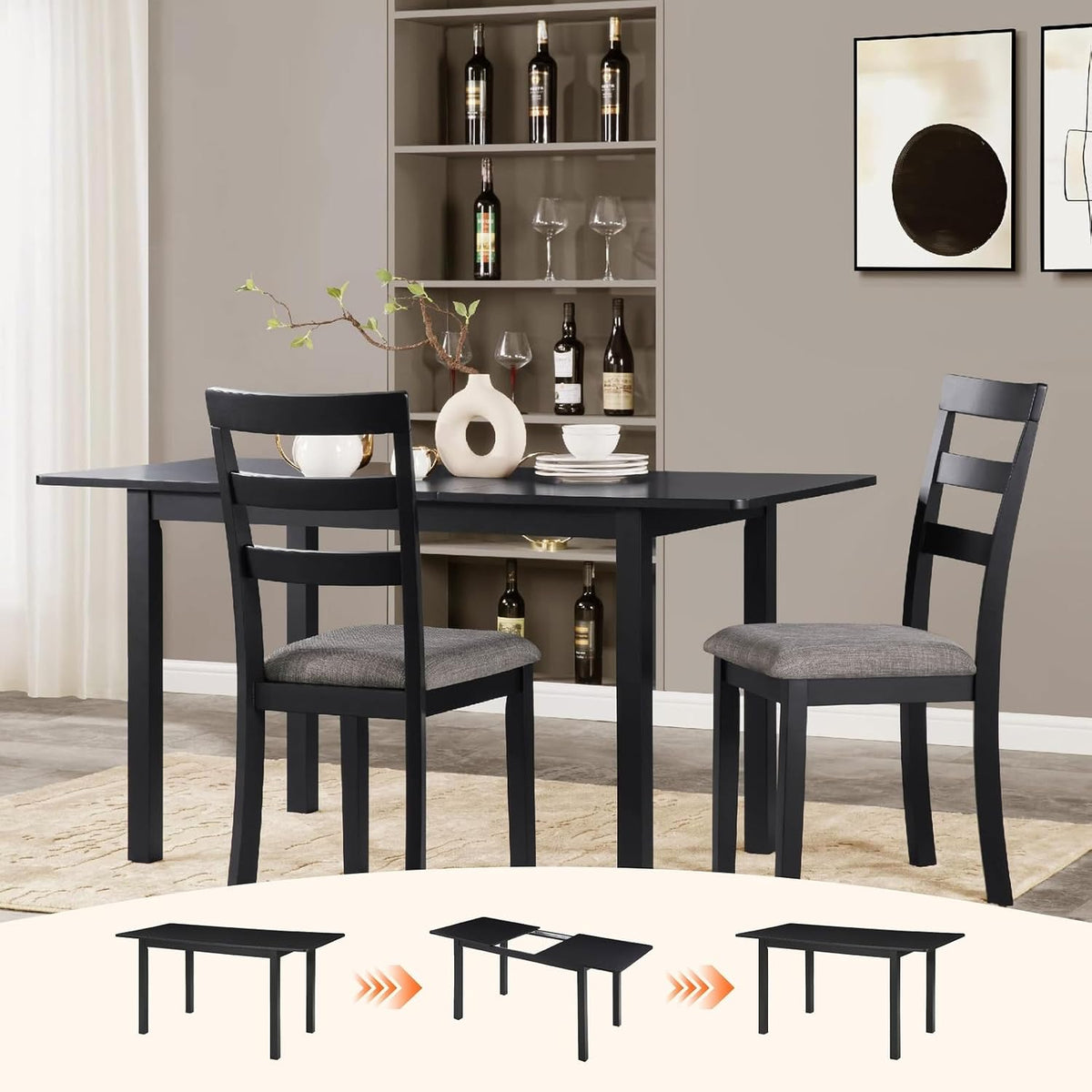 ya 28 10.13 baidi 59'' Extendable Dining Table, Modern Wooden, Seats 4-8, Small Space, Black