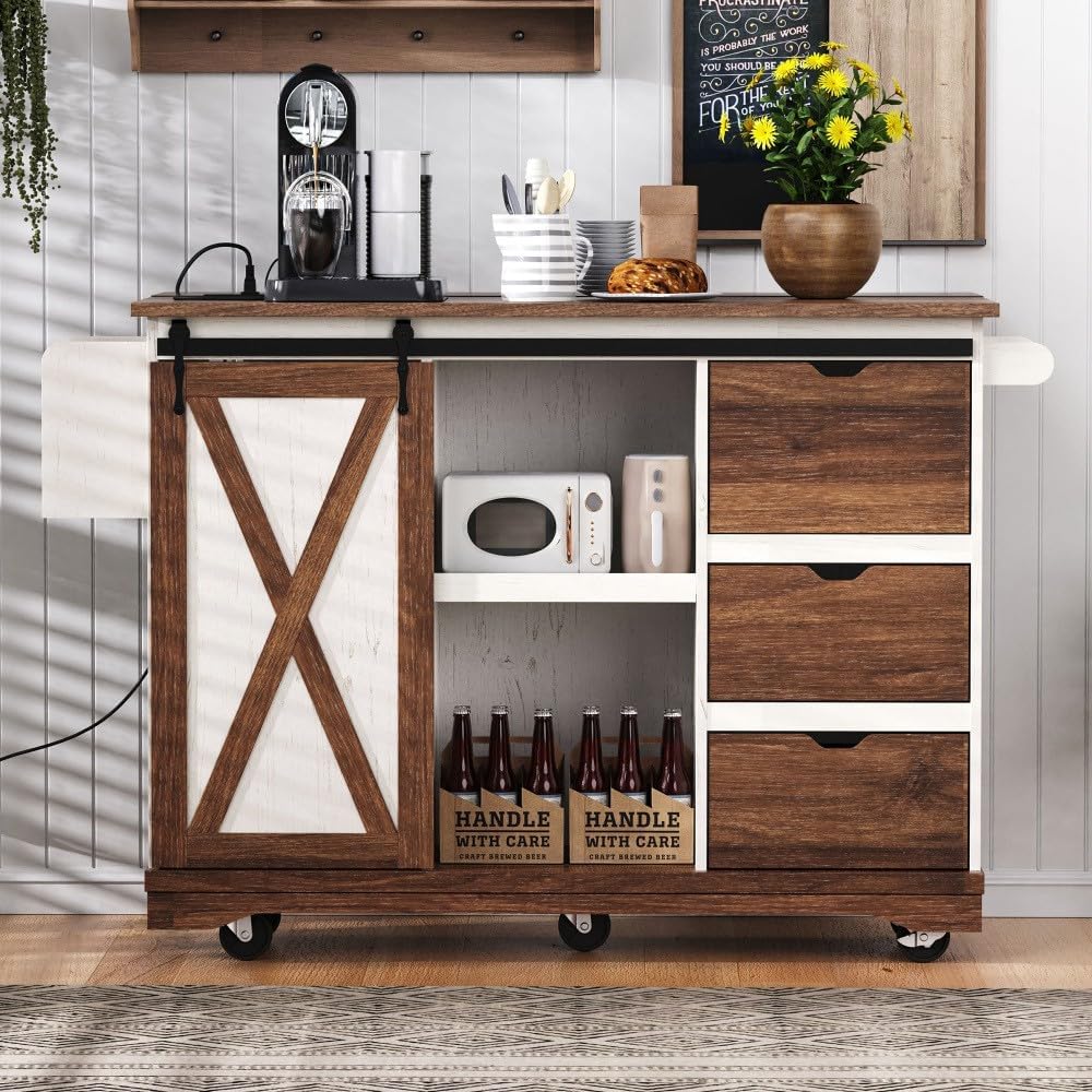 ya 28 10.13 baidi 55.5 Farmhouse Rolling Kitchen Cart Leaf, Spice, White