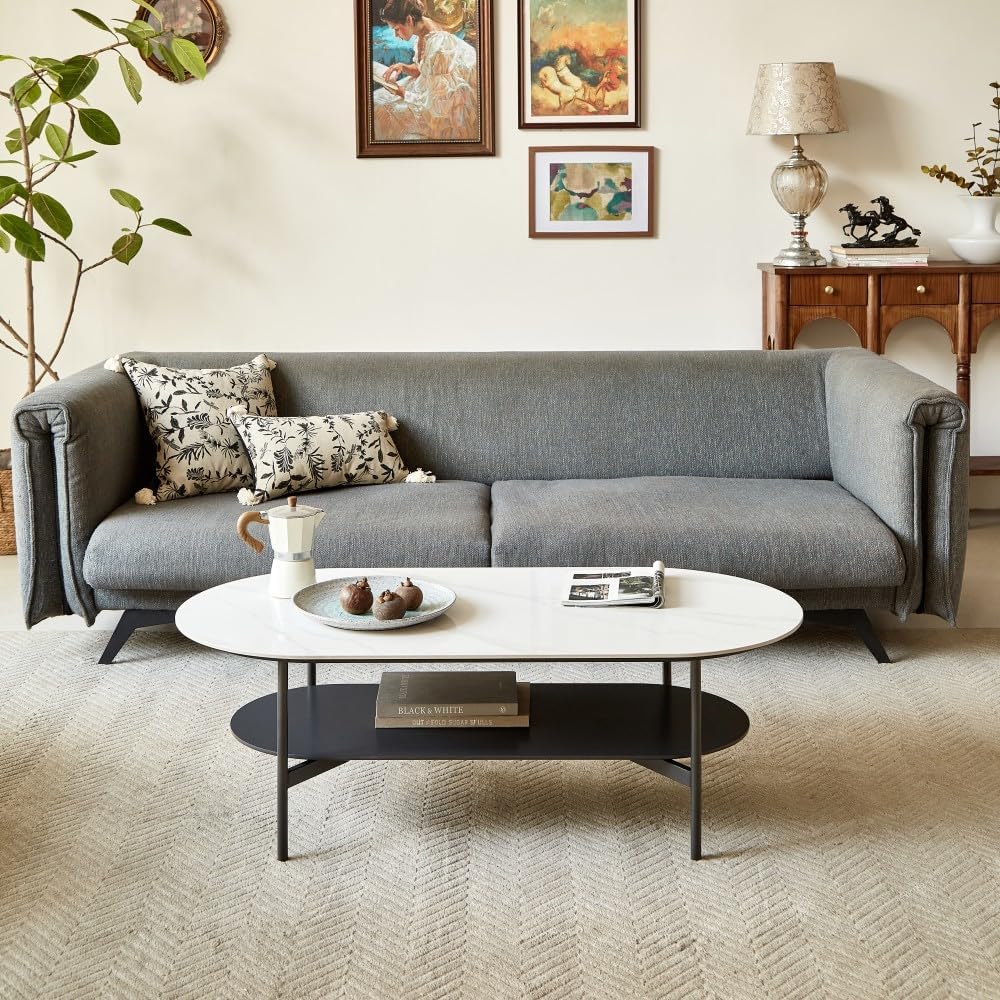 ya 28 10.13 baidi Ceramic White Coffee Table,MDF Painted,Double Layer Bottom Shelf for Living