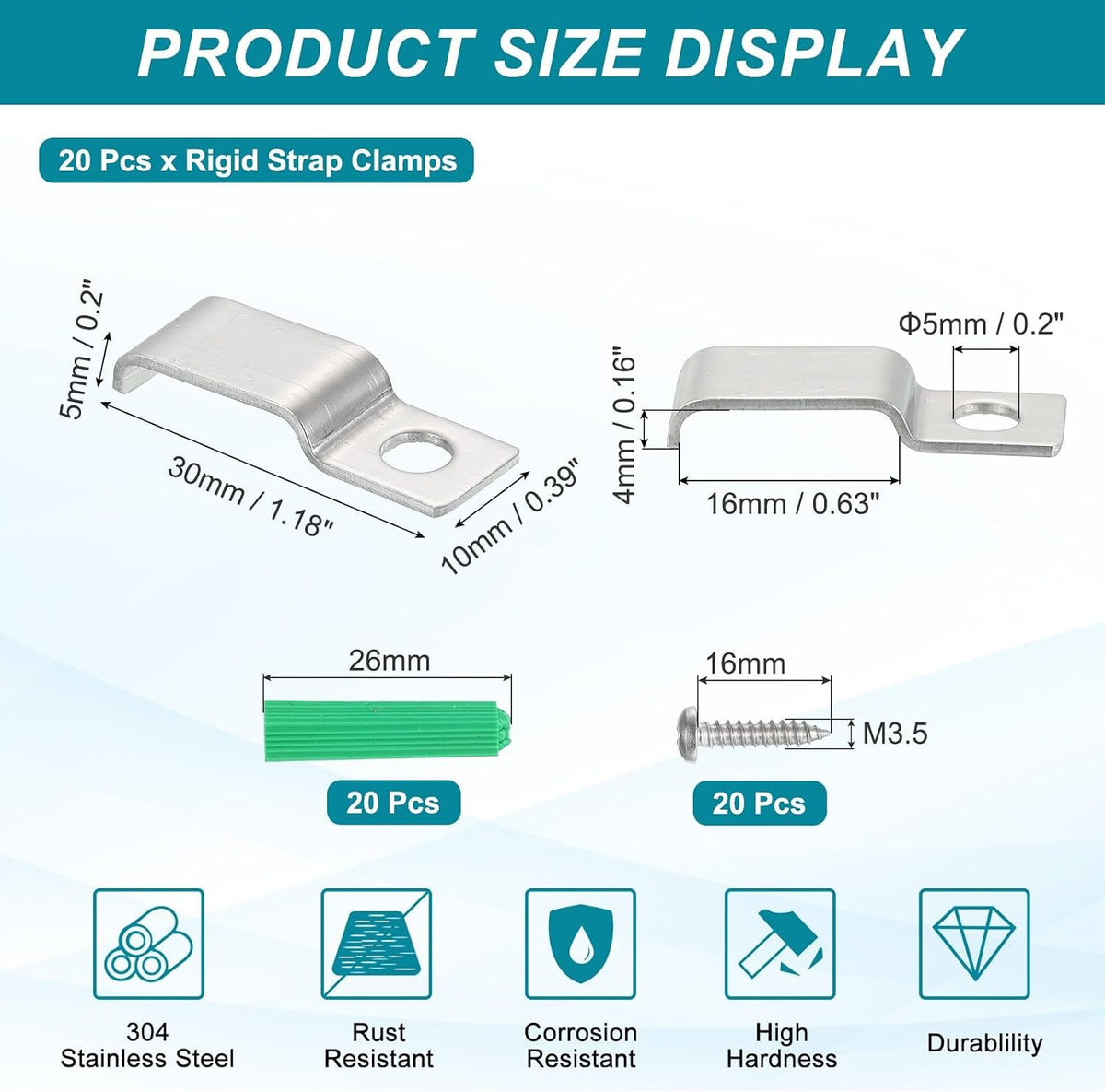 ya 26 10.21 baidi 20Pack Stainless Steel Pipe Strap Fit for 4x16mm Light Strip Cable Strap Clamp