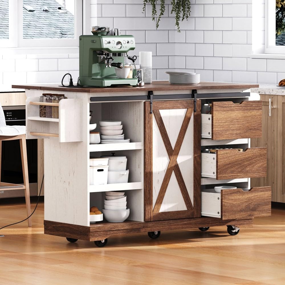 ya 28 10.13 baidi 55.5 Farmhouse Rolling Kitchen Cart Leaf, Spice, White