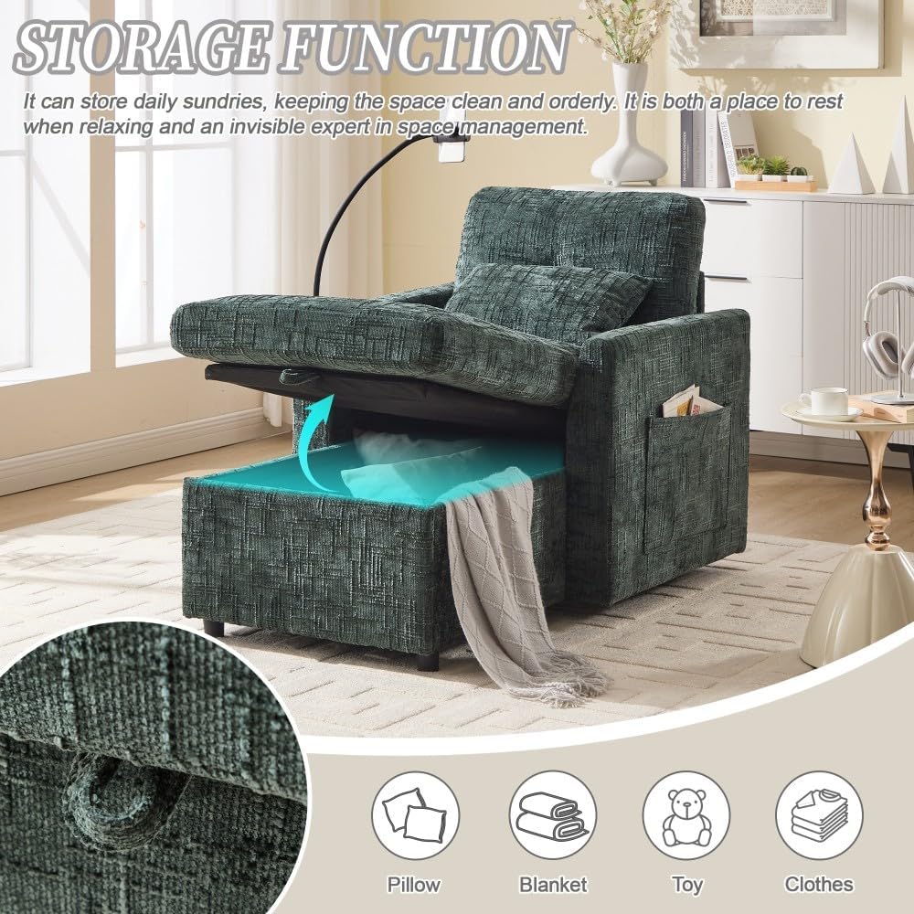 ya 28 10.13 baidi Emerald Chenille Multifunctional Lazy Sofa Recliner - Storable Backrest