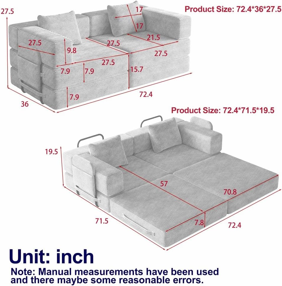 ya 28 10.13 baidi 72.4 Grey Convertible Corduroy Sofa Bed,2 Side Storage Pockets, 2 Cushions