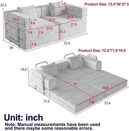 ya 28 10.13 baidi 72.4 Grey Convertible Corduroy Sofa Bed,2 Side Storage Pockets, 2 Cushions