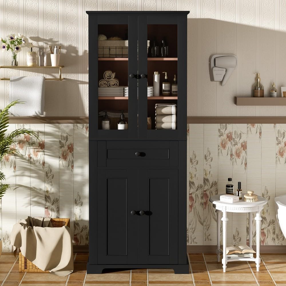 ya 28 10.13 baidi Black 67.2 Bathroom Storage Cabinet ¨C Tempered Glass Doors, Adjustable She