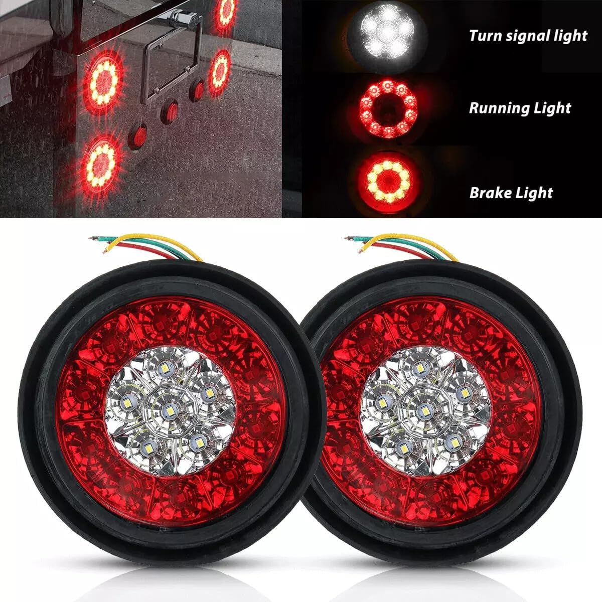 ya 13 9.15 baidi 2/4x Red/White 4inch Round 16LED Truck Trailer Brake Stop Turn Signal Tail Light