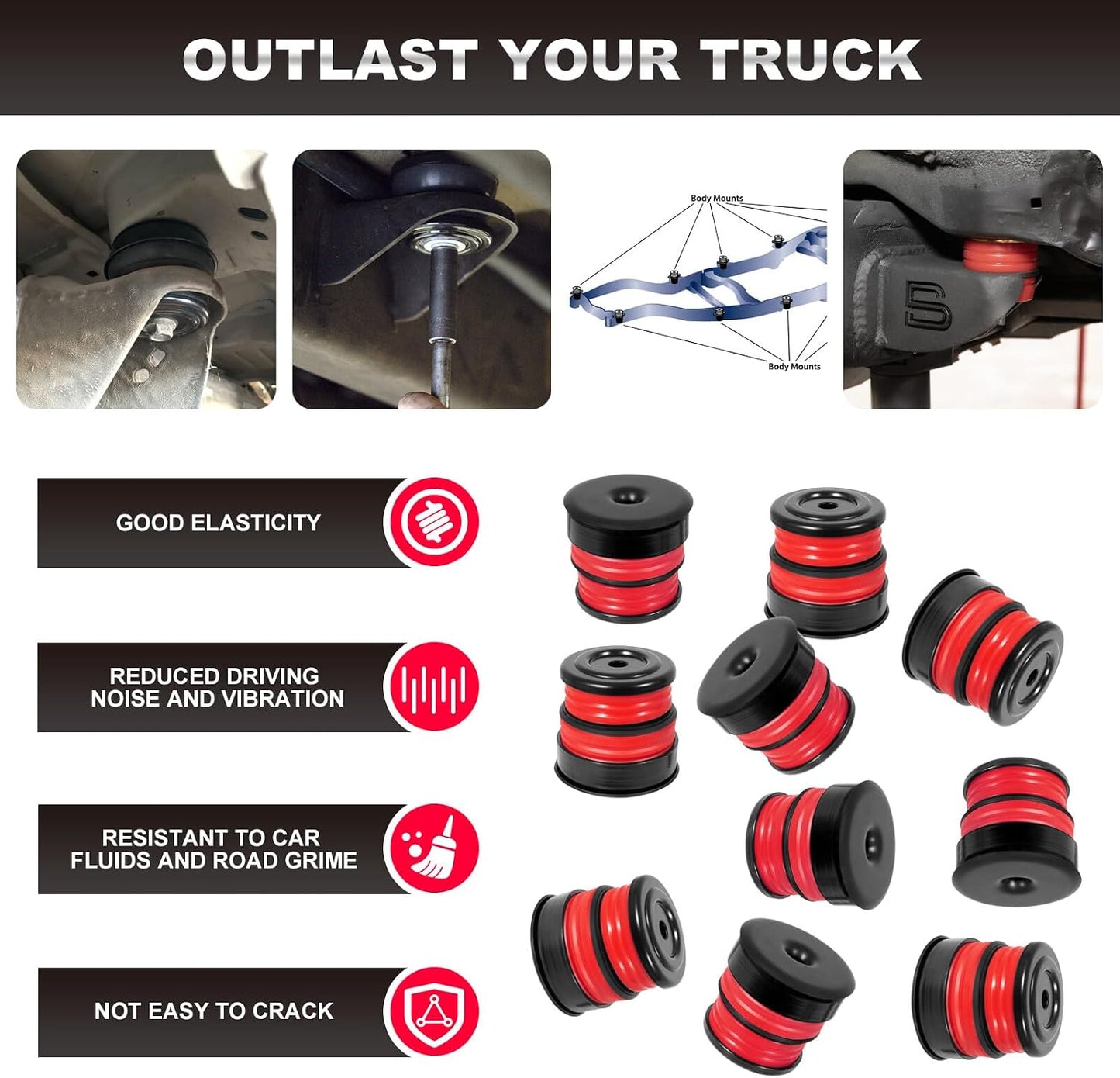 ya 2 8.15 Silicone Body Mount Bushing Kit for 08-16 for Ford Super Duty Crew Cab F-250 F-350
