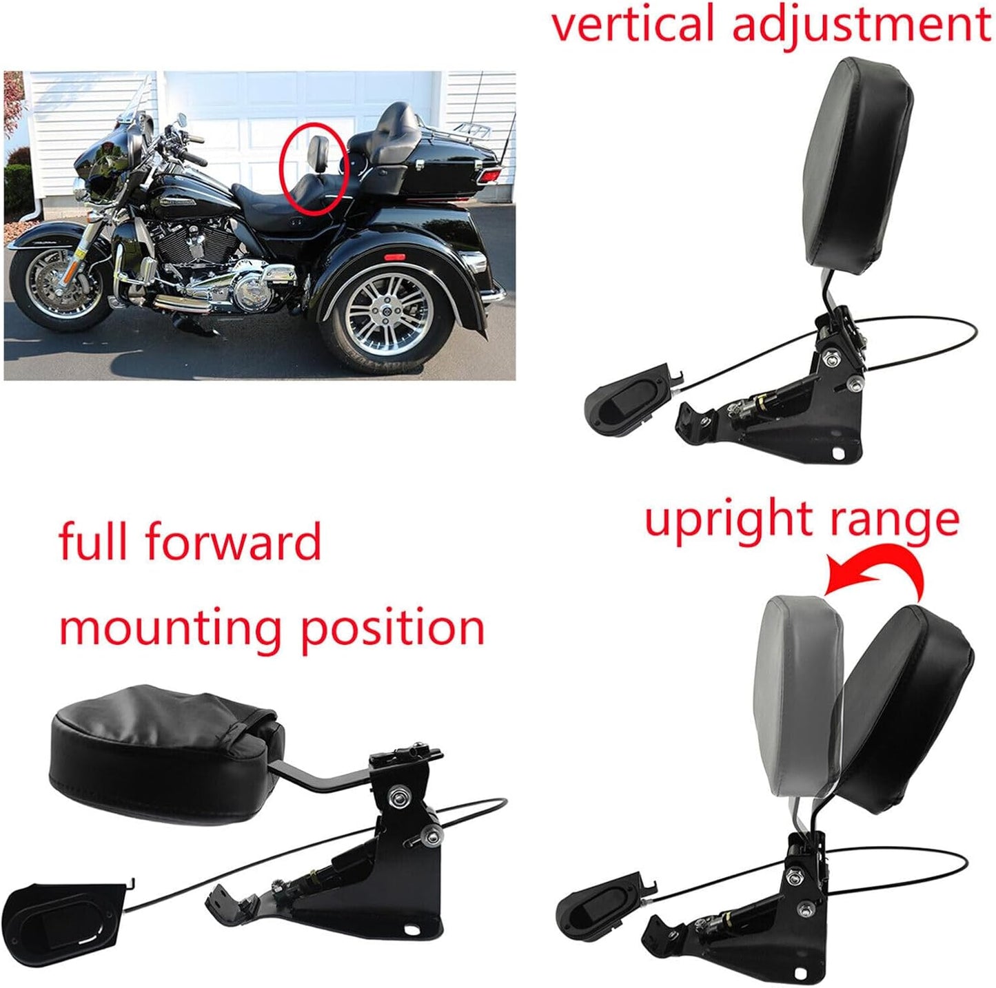 ya 6 8.24 baidi Rider Adjustable Backrest w/Mounting Kit Fit for Harley Touring Glides 2009-23
