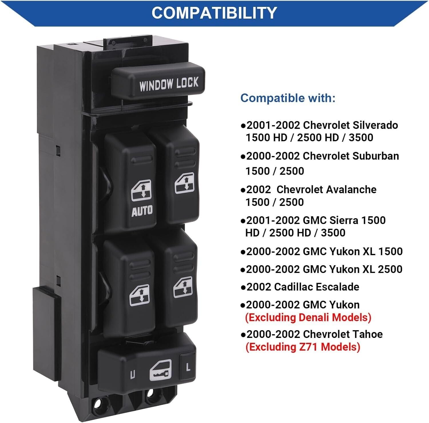 ya 8 8.24 baidi for 2000-2002 for Chevrolet for GMC Left Driver Side Master Power Window Switch Control 