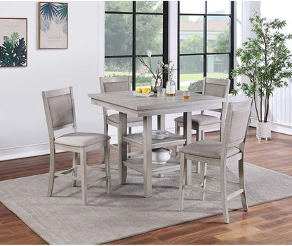 ya 28 10.13 baidi 5pc Counter Height Dining Set Grey, Square Table w/Shelves, Cushioned Chair