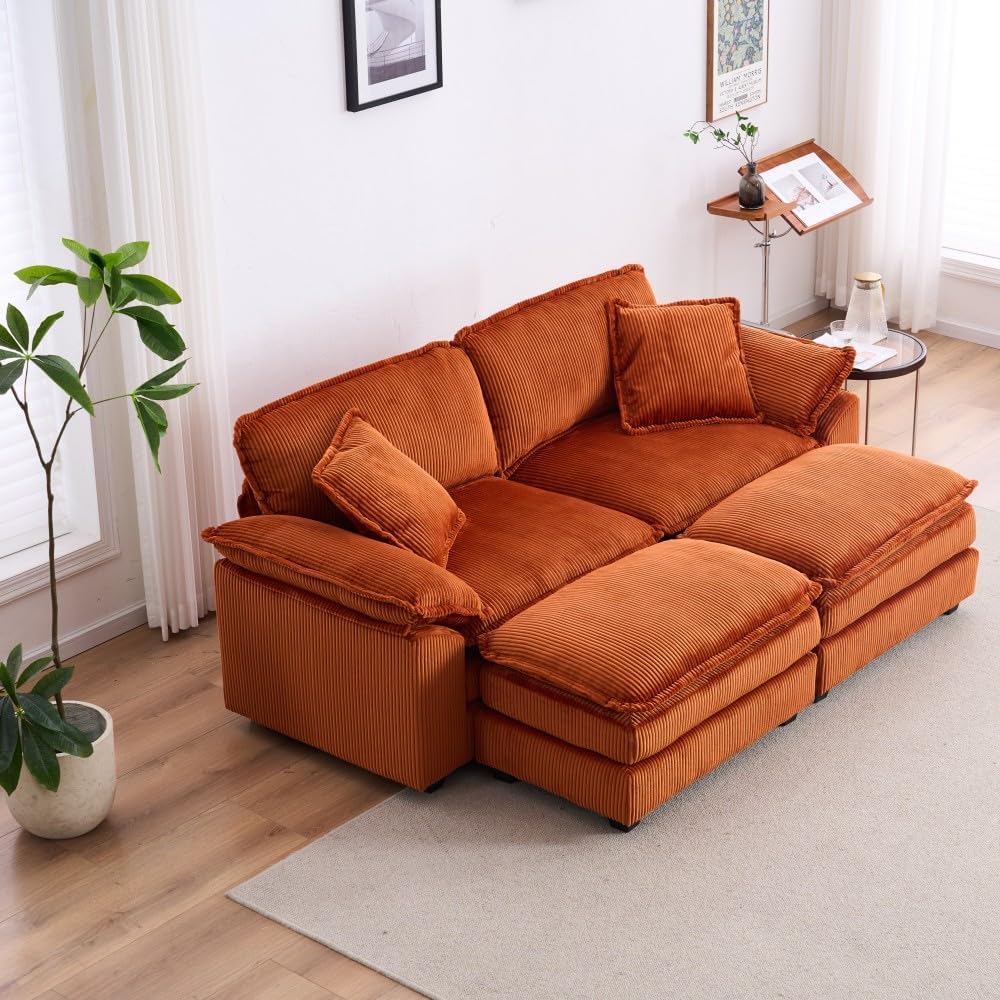 ya 28 10.13 baidi Corduroy 2-Seat Sofa Orange - 2 Back Pillows, 2 Toss Pillows, 2 Ottoman