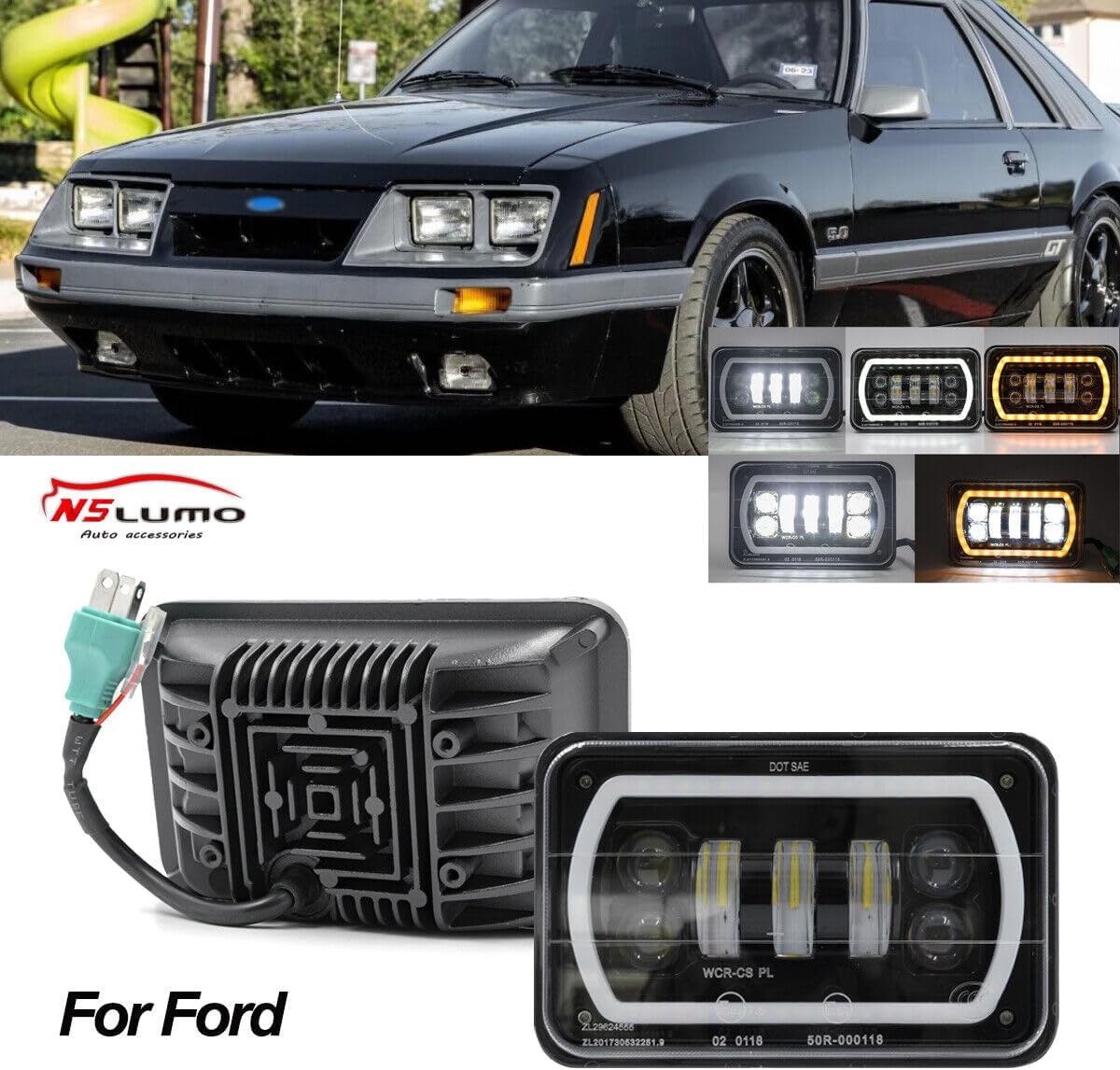 ya 7 8.24 baidi 2 Pack 4x6 Inch LED High/Low Beam DRL Turn Signal Driving Lights for Ford for Mustang GT Probe 