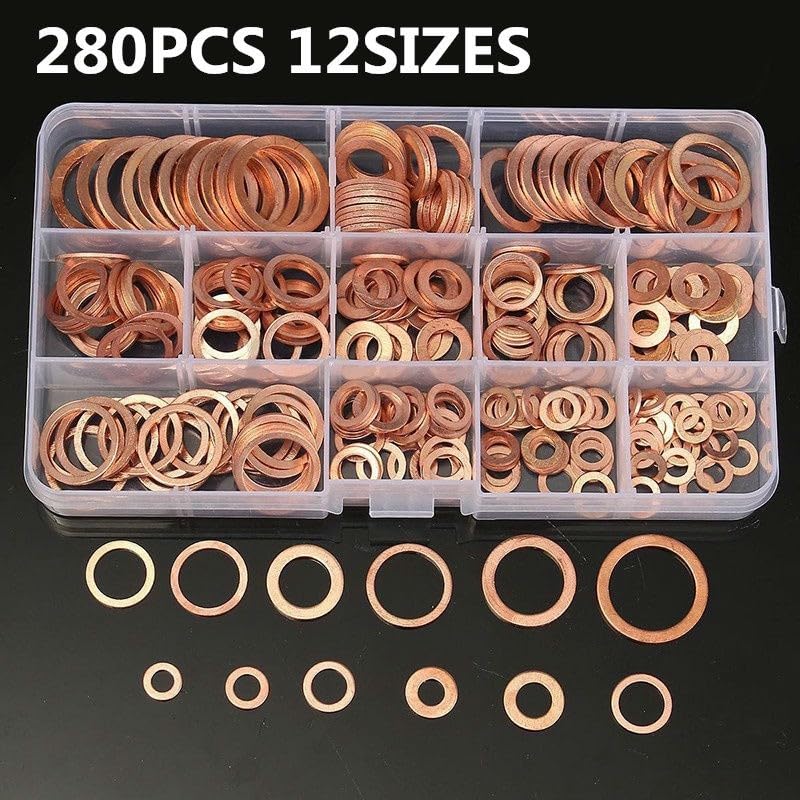 ya 12 10.8 baidi 12 Sizes 280x Solid Copper Crush Washers Seal Flat Ring Set for Car/Marine/Plant