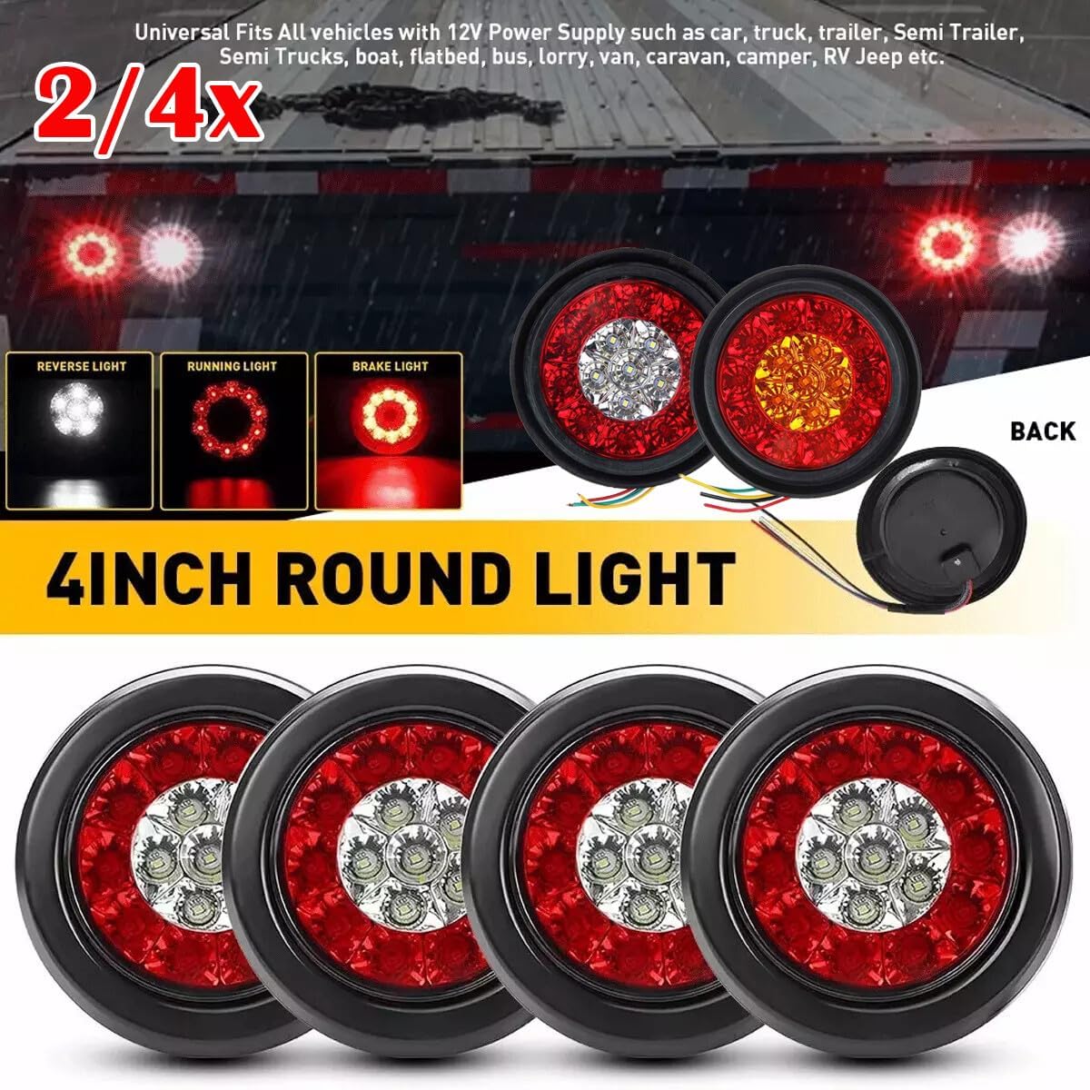 ya 13 9.15 baidi 2/4x Red/White 4inch Round 16LED Truck Trailer Brake Stop Turn Signal Tail Light
