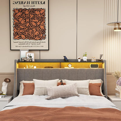 ya 28 10.13 baidi Light Grey Queen Size Bed Frame w/ LED, 4 -Bed Drawers, Wing Headboard