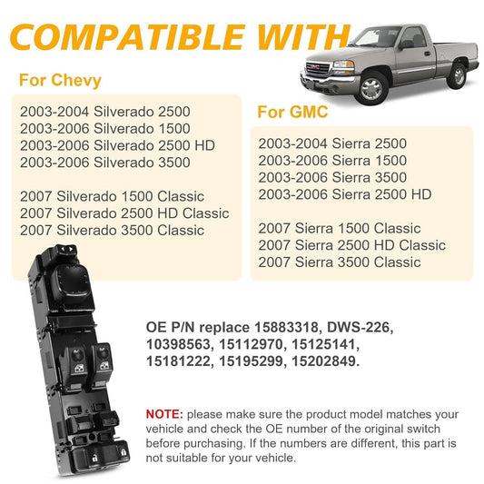 ya 5 8.10 for Chevrolet for Silverado for GMC for Yukon 15883318 Driver LF Side Power Window Switch 03-06