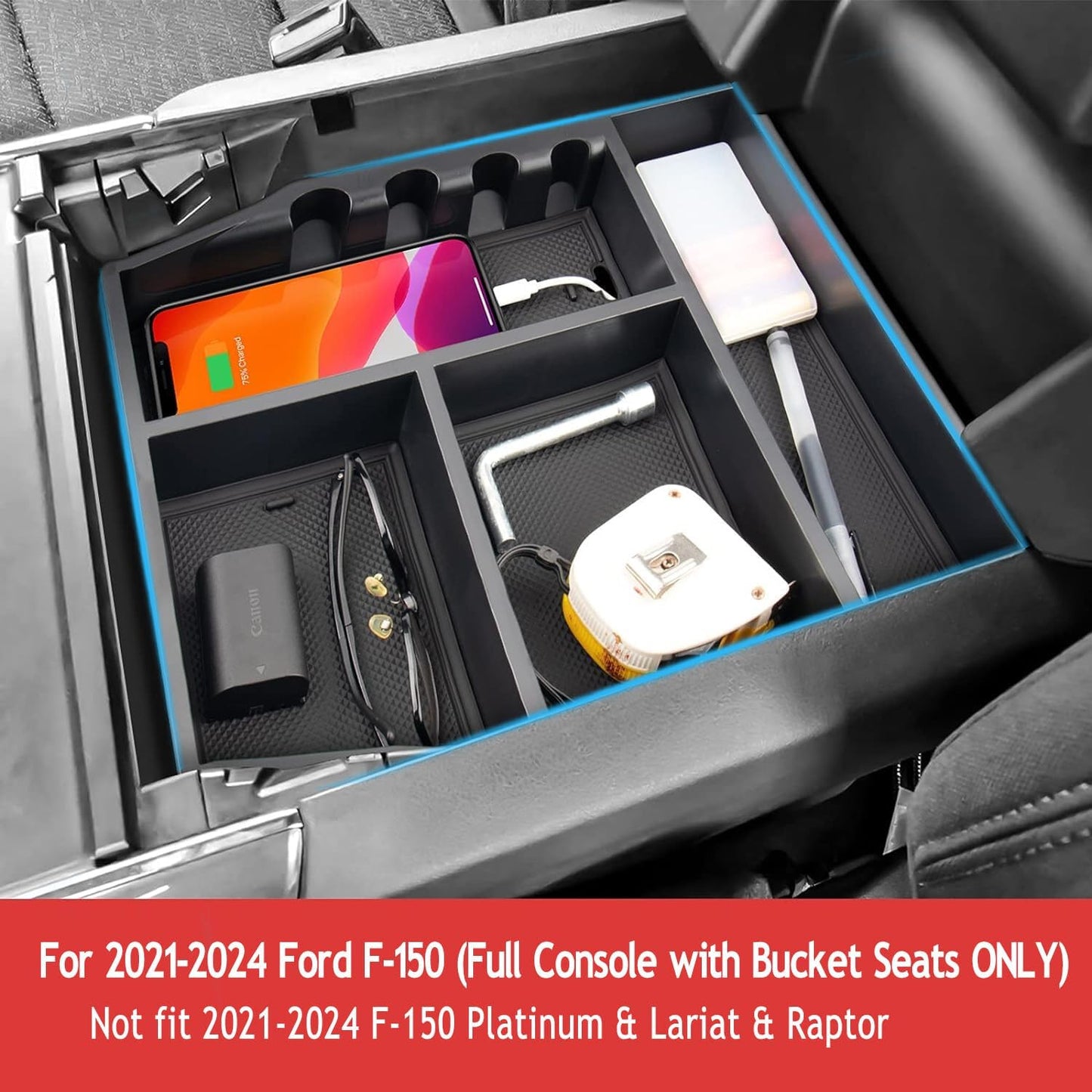 ya 5 8.10 for Ford F150 2021-2024 Center Console Armrest Storage Box Organizer Trays Black