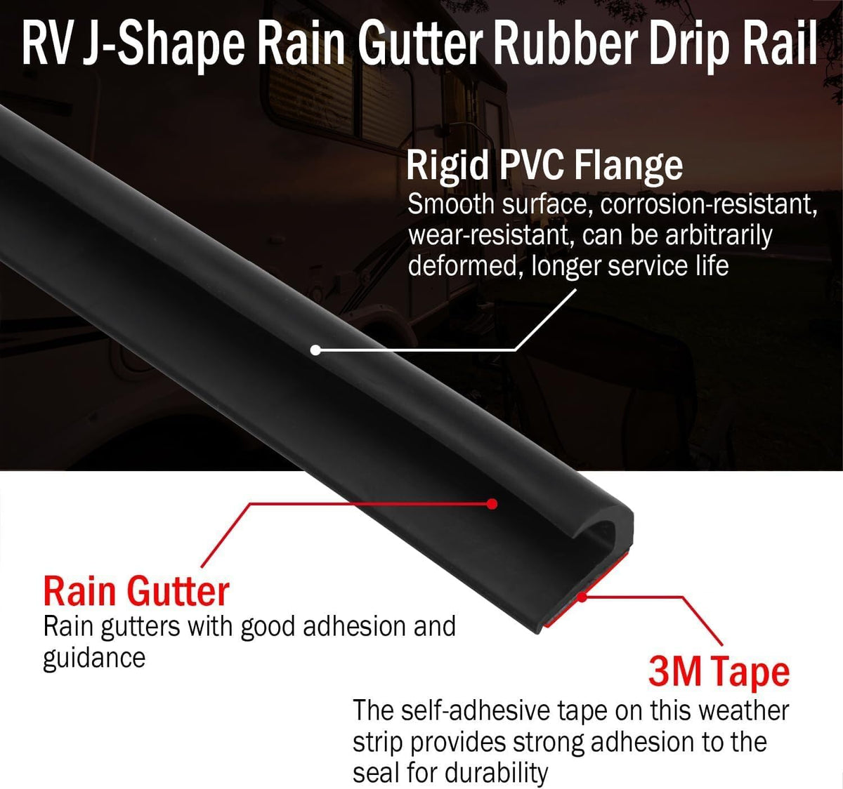 ya 10 9.16 baidi RV J Shape 1/2 Inch Rain Gutter Drip Rail Decorative Weather Stripping Self-Adhesive