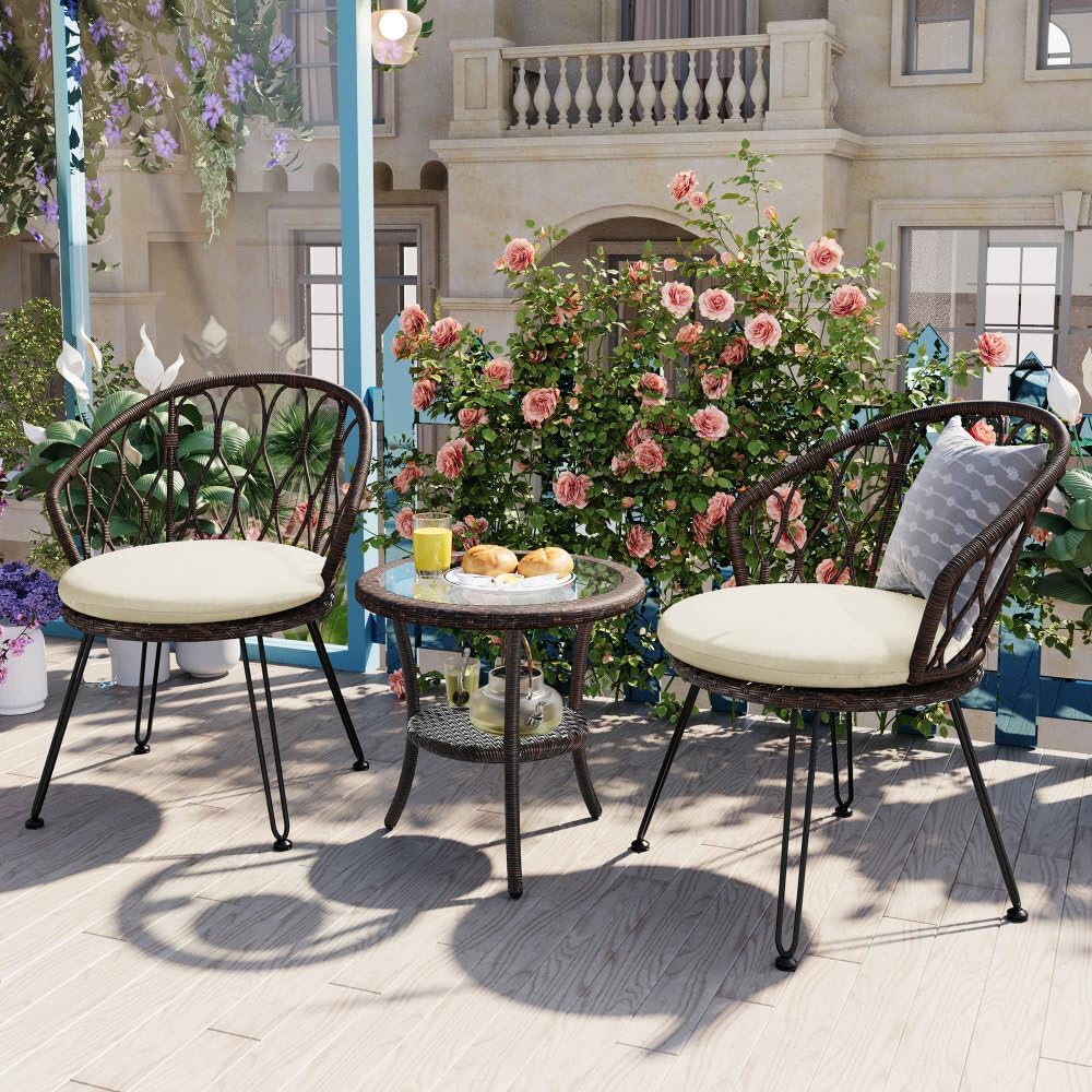 ya 28 10.13 baidi Rattan Patio 2 Chairs & Glass Round Table Set - For Balcony Courtyard