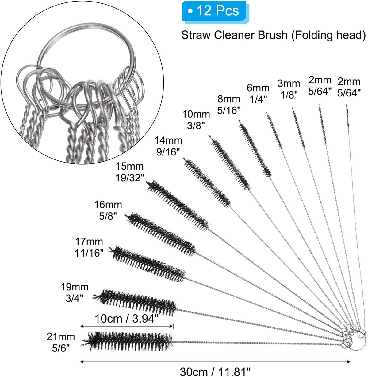 ya 26 10.21 baidi Long Straw Brush 12 Inch, 1 Set/12 Pcs Nylon Pipe Tube Cleaner, Black