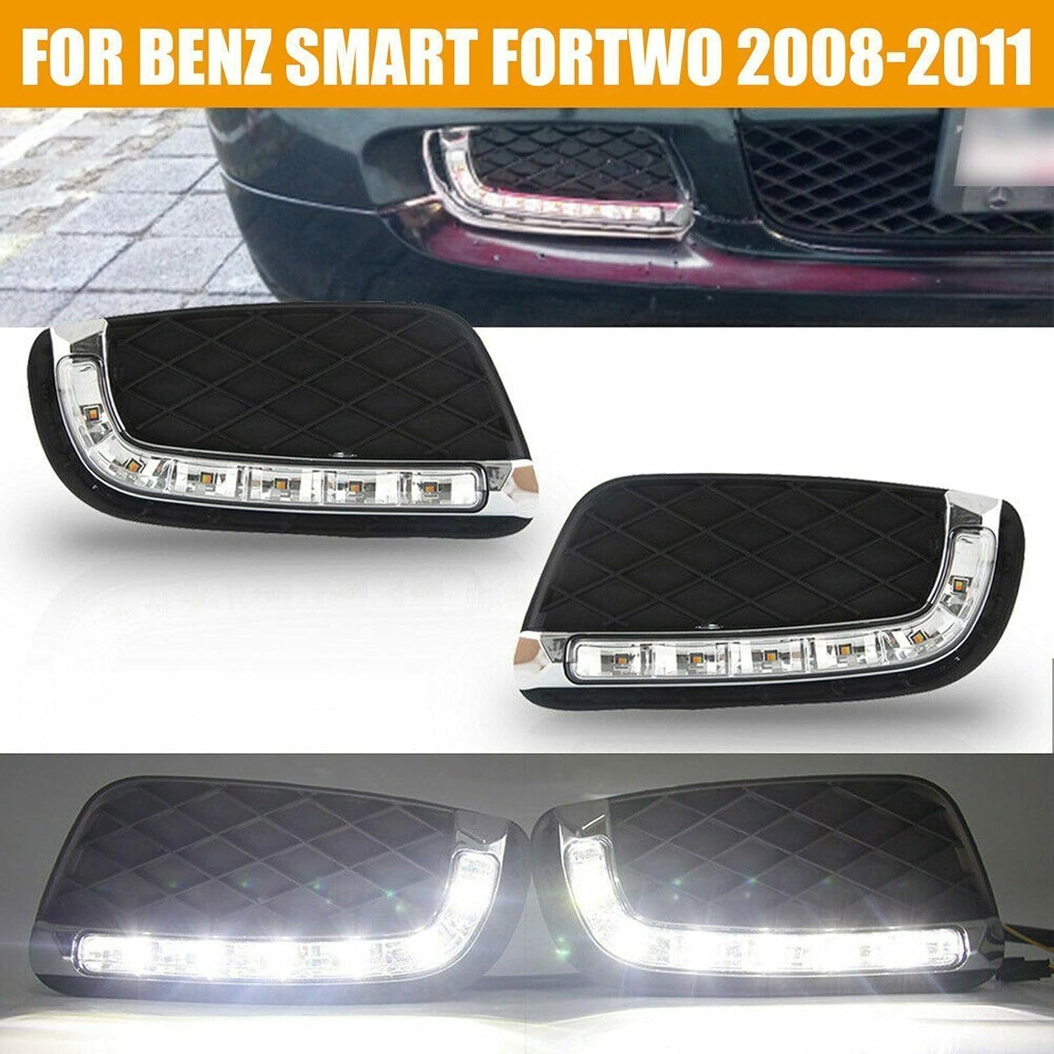 ya 3 8.24 baidi 1 Dual LED DRL Daytime Running Fog Light for Mercedes-Benz for Smart ForTwo 2008-2011