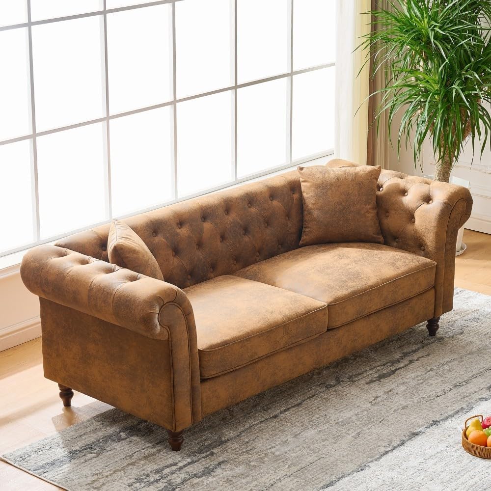 ya 28 10.13 baidi 83 Brown Modern Chesterfield Tech Fabric Sofa w/Roll Armrest,3 Seater