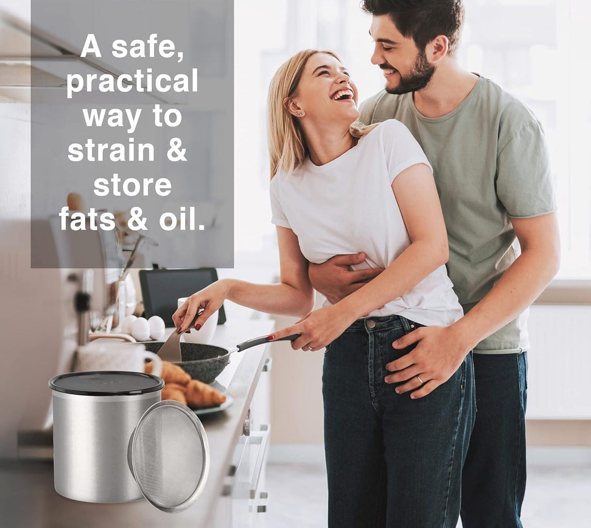 ya 14 9.20 baidi Stainless steel grease container with removable strainer and sealing lid.-1