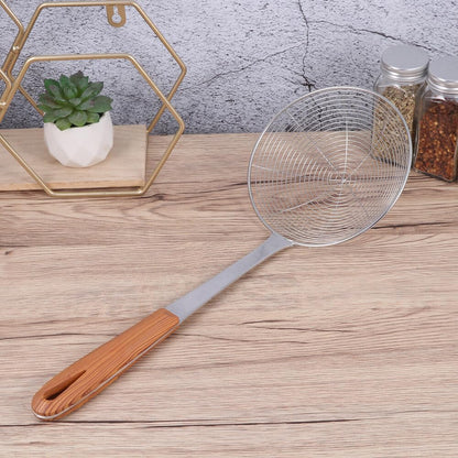 ya 14 9.20 baidi Wood Grain Handle Wire Leak Noodles Strainer Basket Metal Pasta Spoon-2