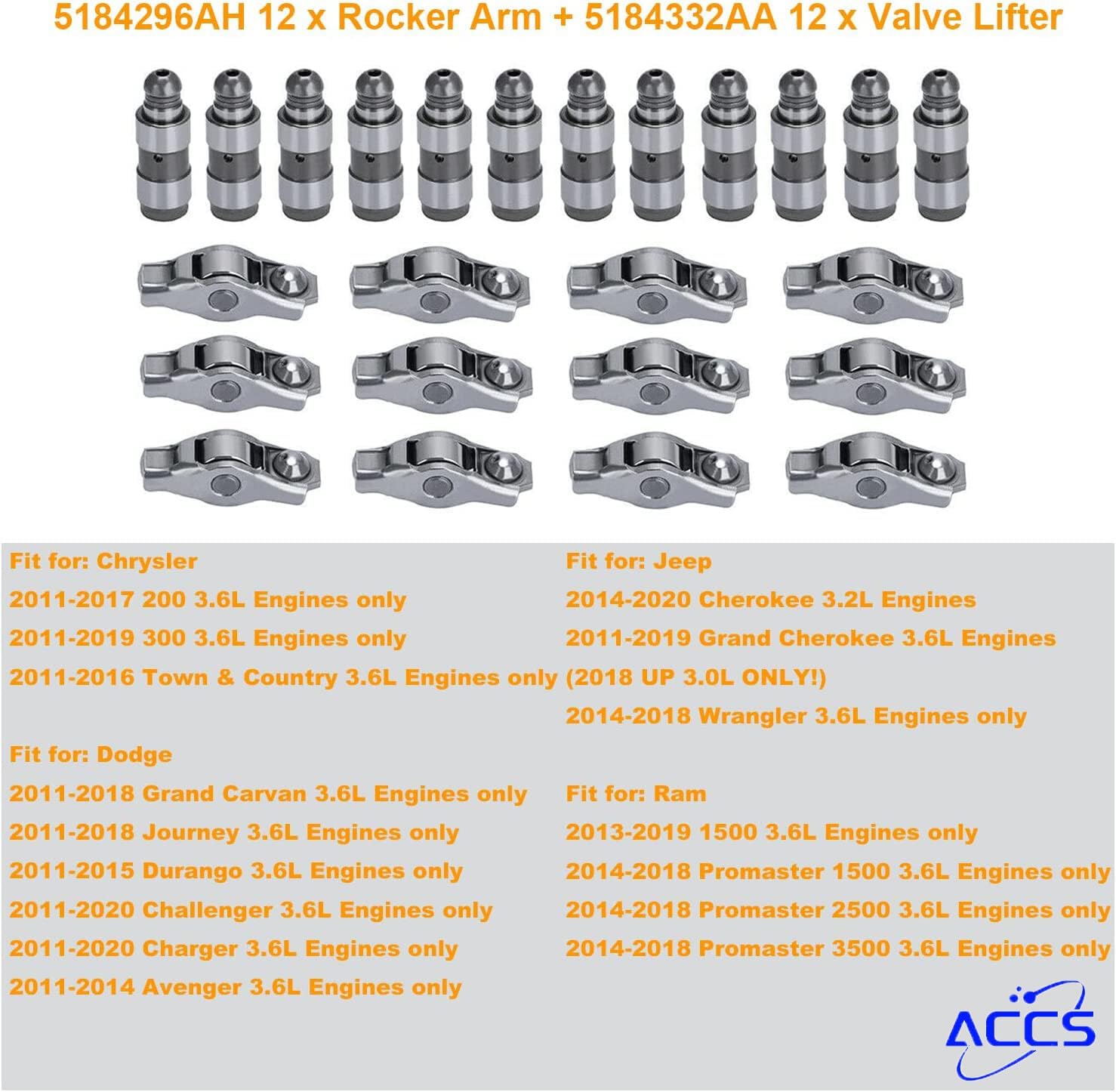 ya 4 8.14 12 Pcs Arms 5184296AH & 12Pcs Lifters 5184332AA for 2011-19 for Chrysler for Dodge for Ram