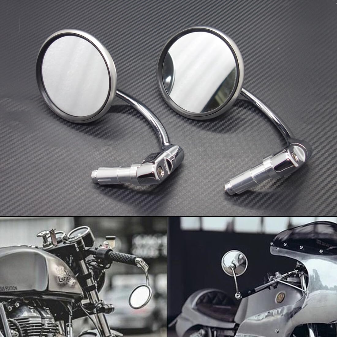 ya 2 8.15 Silver Retro Metal 7/8 Handle Bar End Side Round Rearview Mirror for Cafe Racer