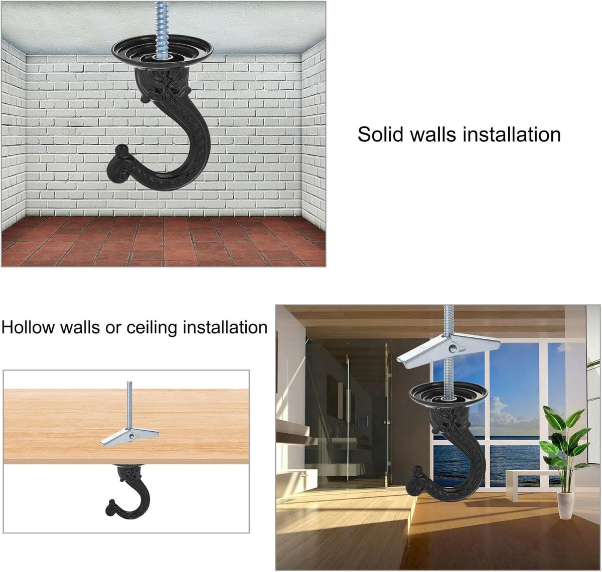 ya 26 10.21 baidi 2Pcs Swag Ceiling Hooks with Hardware Zinc Alloy Black Plants Hanging 37x55mm