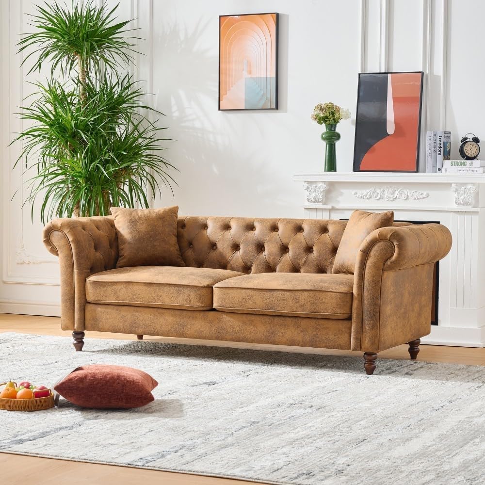 ya 28 10.13 baidi 83 Brown Modern Chesterfield Tech Fabric Sofa w/Roll Armrest,3 Seater
