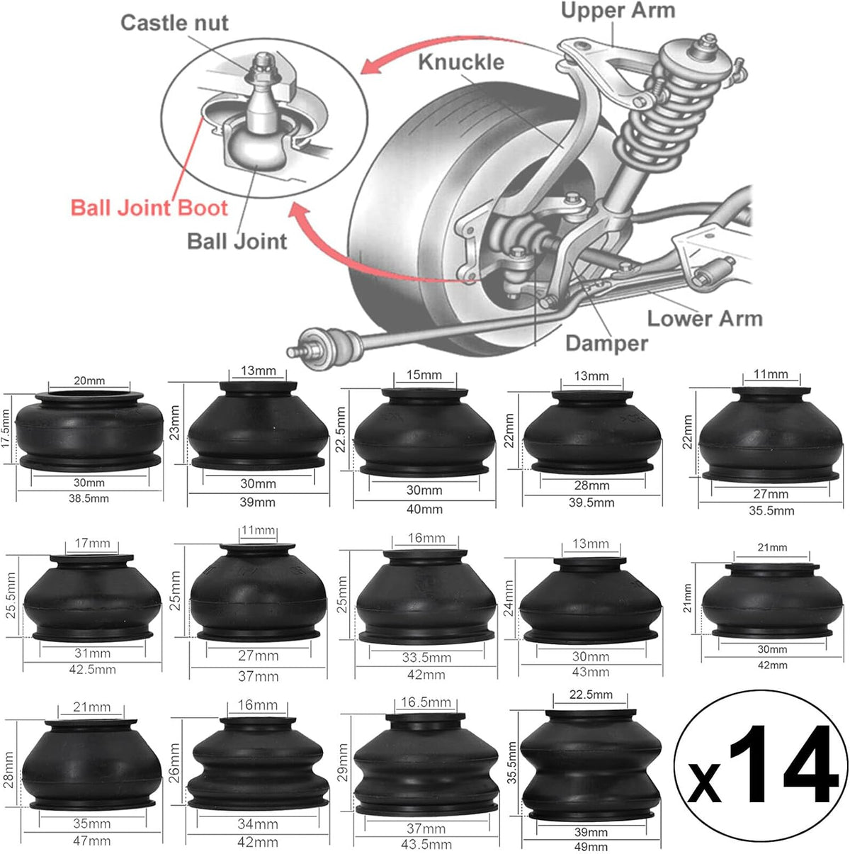 ya 9 10.24 14x Universal Multipack Ball Joint Rubber Dust Boot Covers Track Rod End Set Kit