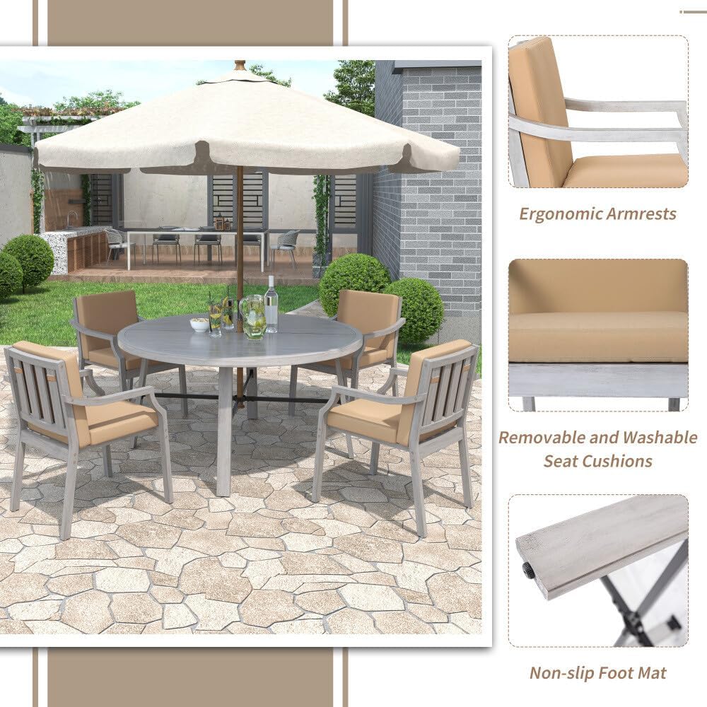 ya 28 10.13 baidi Wooden Dining Set 4-Seats w/Umbrella Hole & Removable Cushions