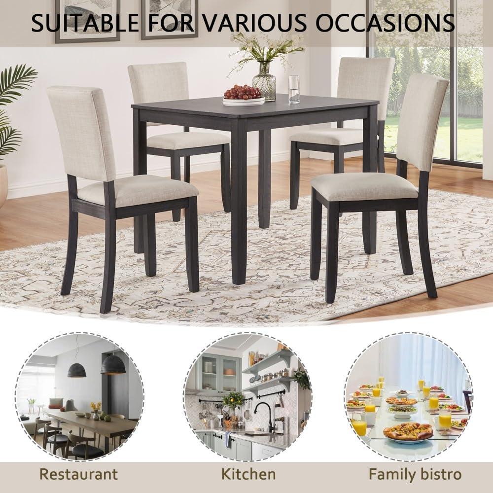 ya 28 10.13 baidi Modern Dining Table Set Wooden-5-Piece, 4 Chairs,Antique Black+Beige for Ki