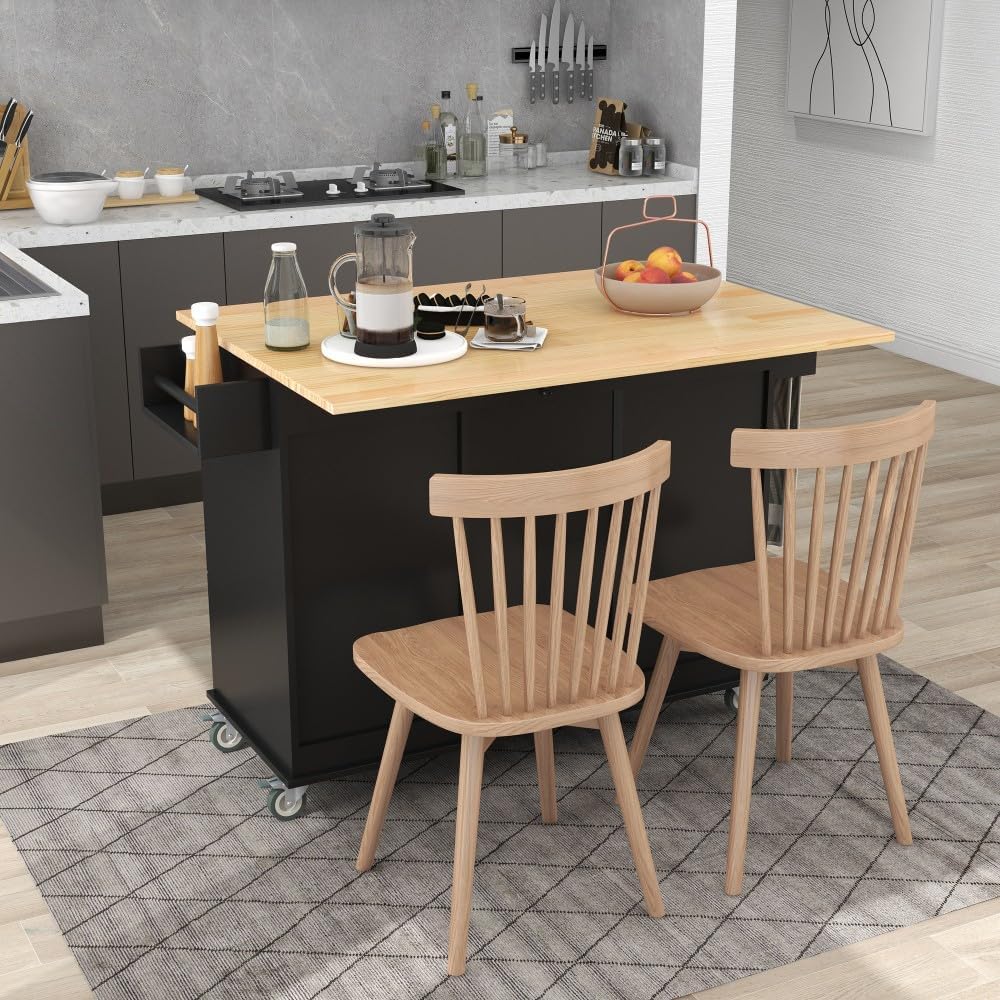 ya 28 10.13 baidi Black 52.7 Rolling Kitchen Island ¨C Solid Wood , Locking Wheels, Leaf