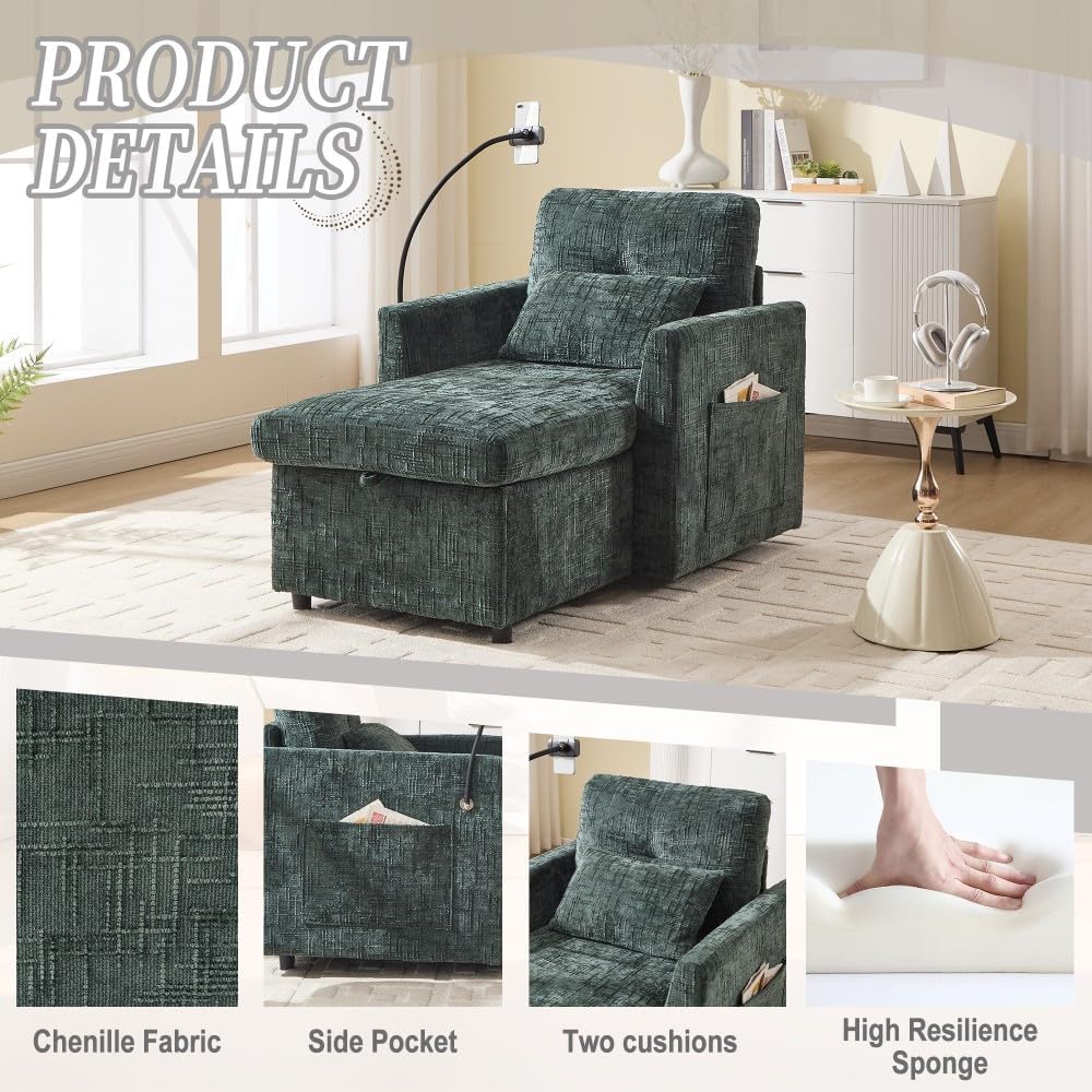 ya 28 10.13 baidi Emerald Chenille Multifunctional Lazy Sofa Recliner - Storable Backrest