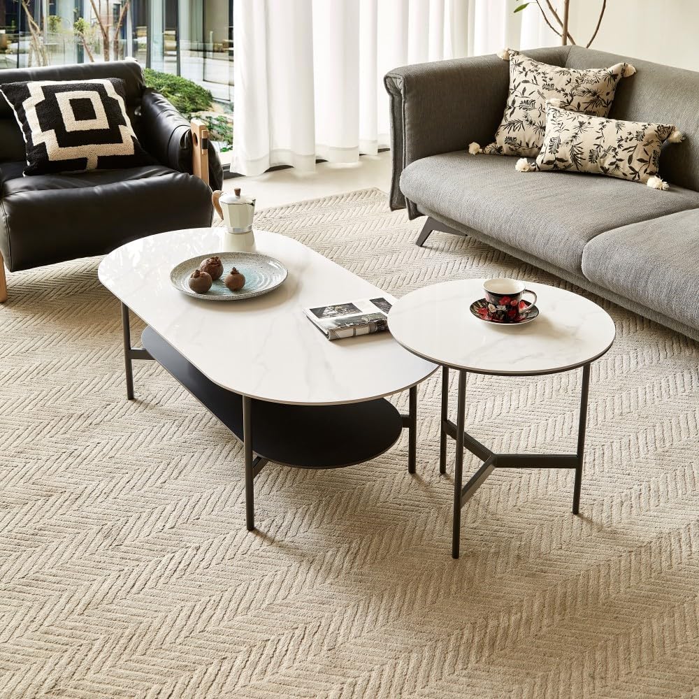 ya 28 10.13 baidi Ceramic White Coffee Table,MDF Painted,Double Layer Bottom Shelf for Living
