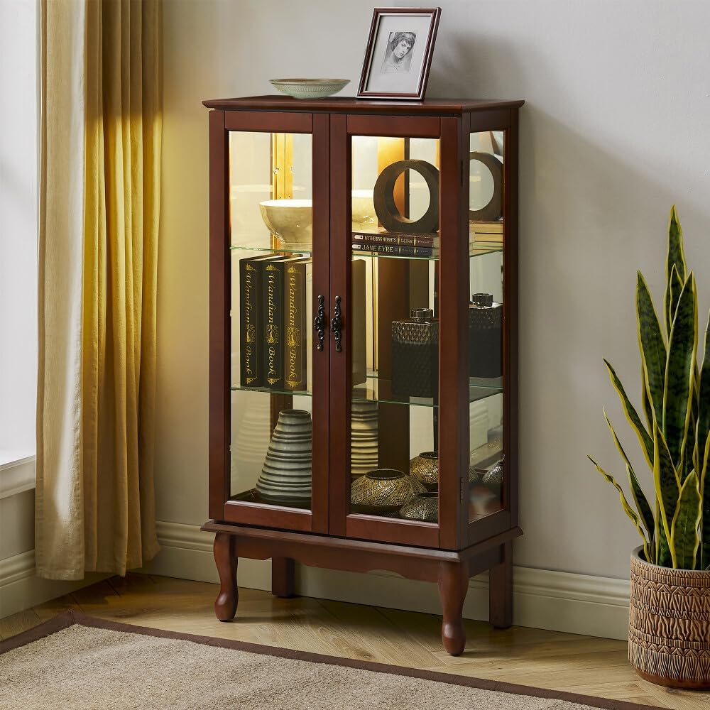ya 28 10.13 baidi Lighted Curio Cabinet Adjustable Shelves Mirrored Back Tempered Glass Doors