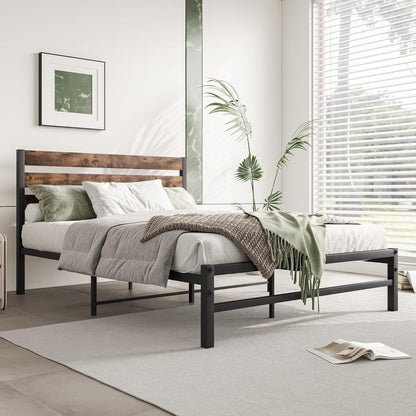 ya 28 10.13 baidi Rustic Vintage Full Platform Bed No Box Black Wood Headboard&Metal Slats