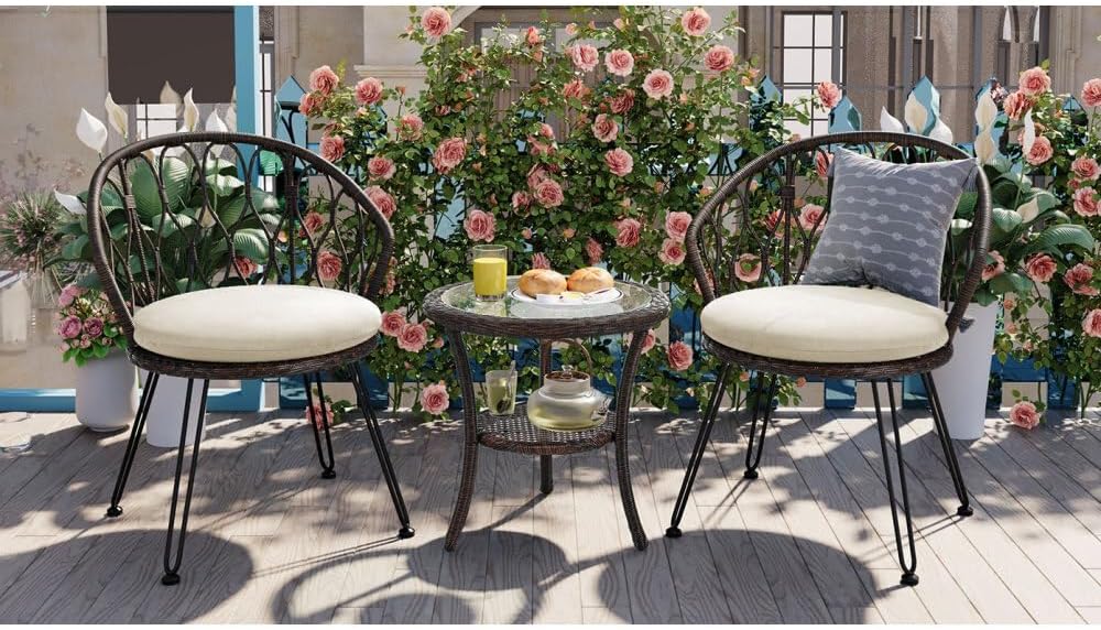 ya 28 10.13 baidi Rattan Patio 2 Chairs & Glass Round Table Set - For Balcony Courtyard