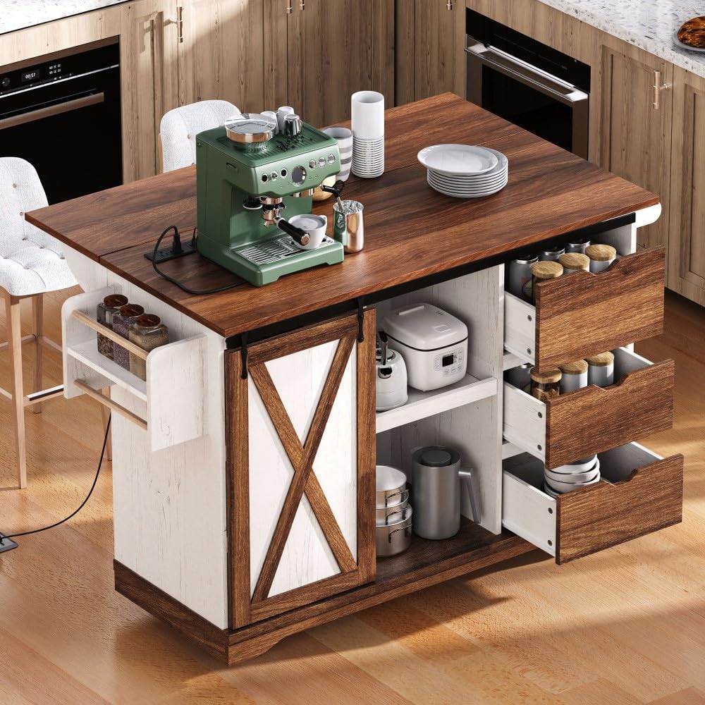 ya 28 10.13 baidi 55.5 Farmhouse Rolling Kitchen Cart Leaf, Spice, White