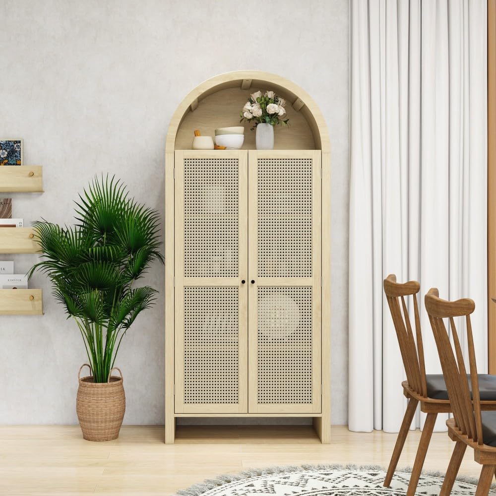 ya 28 10.13 baidi 70.28Tall Arched Kitchen Pantry - Rattan , 2 Adjustable Shelves for Kitche